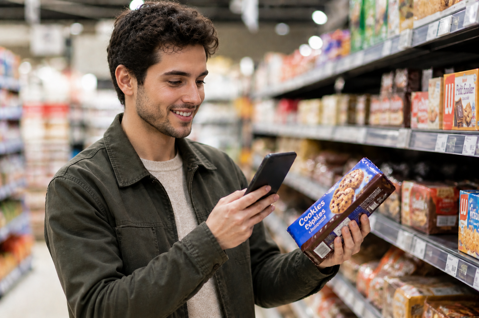 Personne scannant un produit avec son smartphone en supermarché